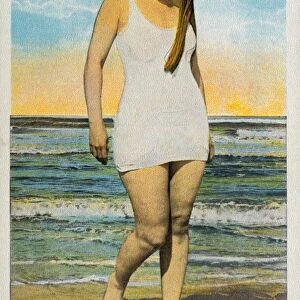 Postcard of Woman on Beach in White Bathing Suit. ca. 1921, Postcard of Woman on Beach in White Bathing Suit