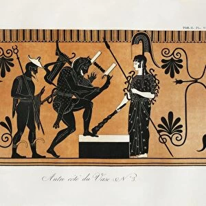 Scene from ancient Greek vase with Heracles playing lyre before Athena with Hermes standing behind him by Piringer (after Greek original), engraving
