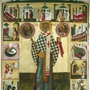 St Nicholas (early 4th century) and scenes from his life. 15th-16th century Russian icon