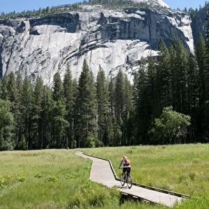 USA, California, Yosemite Valley, woman cycling on boardwalk through lush countryside with mountain in background