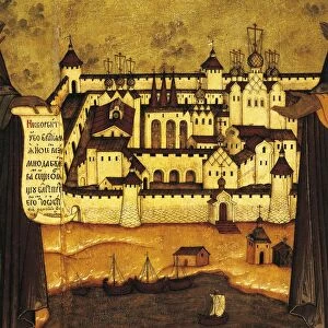 View of fortified city of Solovki on White Sea, detail from Panel of Saints Sabazio and Zosima