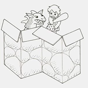 Black and white illustration of dragon and stone age girl hand puppets behind a cardboard screen