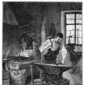 Blacksmith forging metal on anvil at workshop 1899
