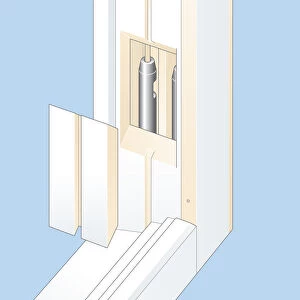 Digital illustration of pocket cover and weights within box frame of sash window