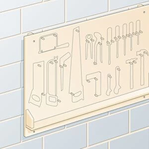 Digital illustration of wall-mounted tool storage board with outlines