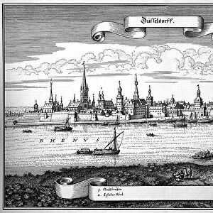 Duesseldorf in the Middle Ages, North Rhine-Westphalia, Germany, Historical, digitally restored reproduction of an original from the 18th century, exact original date not known
