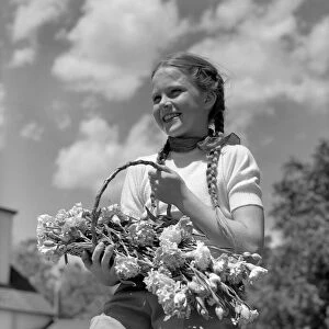 Farm girl with pigtails, sitting on fence, holding basket of flowers, smiling