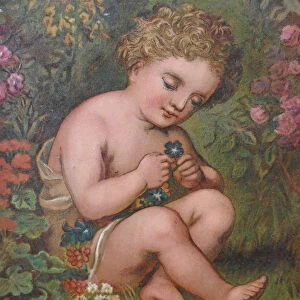 Girl sitting in the garden surrounded by plants and flowers