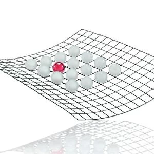 Grid with many white balls and a red ball, symbolic image for networks