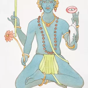 Hindu god Vishnu, sitting cross legged and holding conch, sceptre, bracelet and flower in his four hands