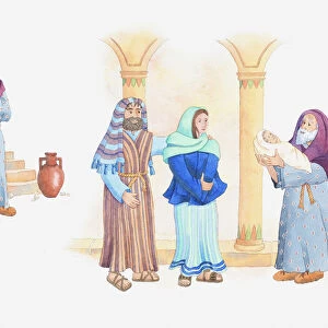 Illustration of a bible scene, Luke 2, Simeon sees and holds the baby Jesus at a temple, Mary and Joseph are standing nearby