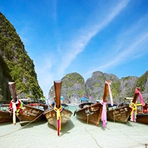 Long tail boats on Maya bay beach, Ko Phi Phi, Thailand