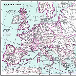 Old chromolithograph map of the feudal Europe