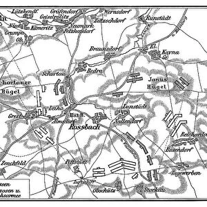 Old engraved map of Battle of Rossbach (5 November 1757 ) during the Third Silesian War