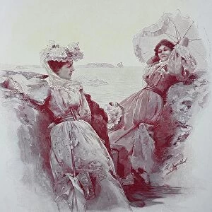Two Women Holidaying by the Sea in Summer, 1881, Italy, Historical, Digital Reproduction of an Original 19th century Artwork