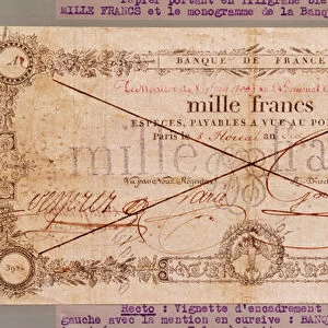 1000 Francs banknote from 8 Floreal, An X (28th April 1802) (ink on paper)