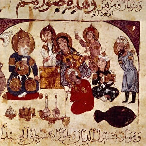 Abou-Zayd at the Hanah tavern, miniature from "Maqamat"(Sayings), ms