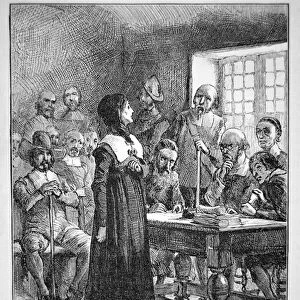 Anne Hutchinson on trial for offending the Puritan clergy in Massachusetts (litho)