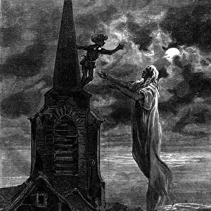 He appeared on the bell tower of the church. Engraving illustrating the novel "