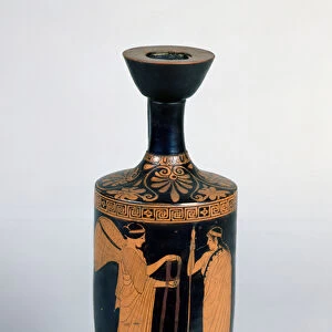 Attic Lekythos, depicting a nike (winged victory) offering a wreath to a youth, c