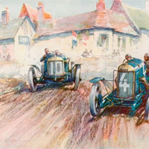 Bablot driving the 3-litre Delage No 10 chasing Boillots Peugeot in the 1911 Voiturette race at Boulogne (colour litho)