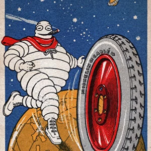 Bibendum, the Michelin man with a tire around the earth globe. circa 1930 (illustration)