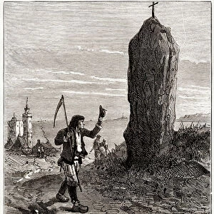 A Breton peasant passes by, signing in front of a Christian menhir, 1880-1885 (Illustration)