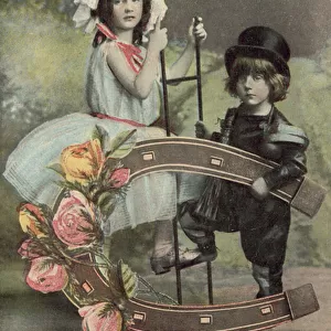 Bride and groom with horseshoe (colour photo)