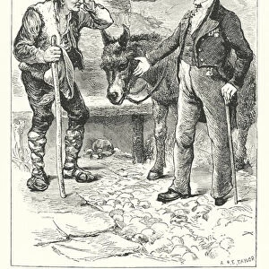British soldier Colonel John Charles Beckwith offering his donkey to a Vaudois peasant (engraving)