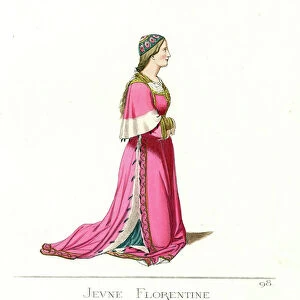 Costume d'une jeune femme de Florence (Italy), 14th century - Costume of a young woman of Florence, 14th century - She wears a small bonnet over loose hair, a white veil embroidered with gold, a red simar (cassock) bordered with ermine