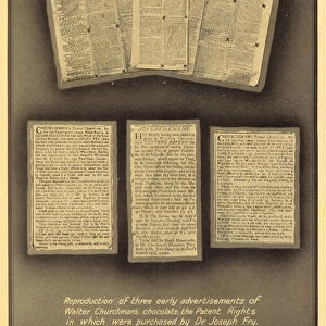 Early advertisements for Walter Churchmans chocolate, the patent rights for which were purchased by Joseph Fry in 1761 (litho)