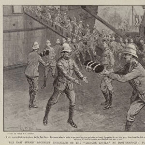 The East Surrey Regiment embarking on the "Lismore Castle"at Southampton, putting the Kits on Board (litho)