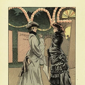 Entrance to the Jardin de Paris, 1883. Fashionable women in bonnets, shawls, dresses with flounces and parasols. At the entrance to an evening entertainment in a Paris park. Handcoloured lithograph by R. V
