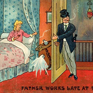 Father works late at the office (colour litho)