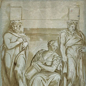 Fortitude (or Strength) Flanked by Two Satyrs (brush & brown wash