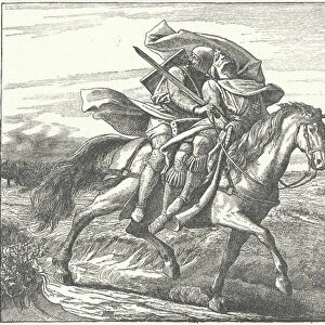 A German knight carrying Valdemar II of Denmark to safety after his defeat at the Battle of Bornhoved, 1227 (engraving)