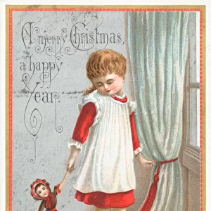 Girl playing with doll and ark, Christmas Card (chromolitho)