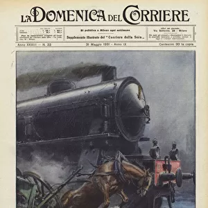 At the height of a railway crossing on the Casale-Mortara railway line, a moving train... (colour litho)