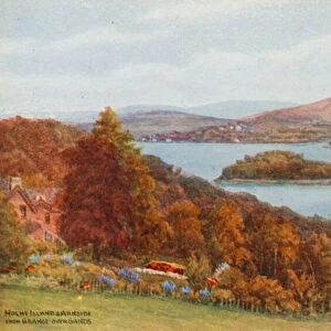 Holme Island and Arnside, from Grange-over-Sands (colour litho)