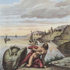 Jonah and the whale (colour litho)