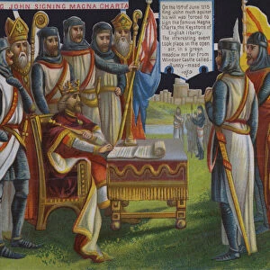 King John signing Magna Carta, Runnymede, Surrey, 1215 (chromolitho)