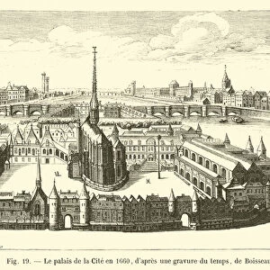 Le palais de la Cite en 1660, d apres une gravure du temps, de Boisseau (engraving)
