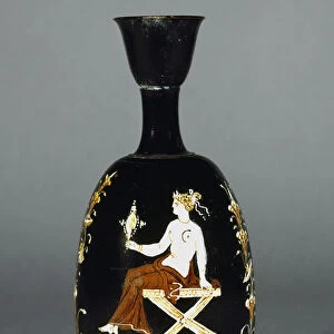 Lekythos in style Gnathian, Female figure seated on a diphros, She is holding a mirror