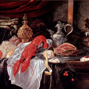 Still Life with Lobster, Ham, Silverware Painting by Andrea Benedetti (1620