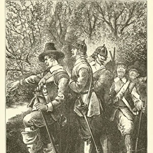 Miles Standish discovers the revelers at Merry-Mount (engraving)
