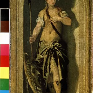 Minerve (Minerca). Pres d elle, son bouclier avec la tete de la Gorgone Meduse. Peinture de Paolo Veronese (1528-1588). Huile sur toile, 28 x 16 cm, vers 1560. art venitien, renaissance italienne. Musee des Beaux Arts Pouchkine, Moscou