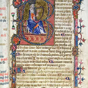 Ms 26 fol. 7r. Psalm 1, David harping, from the Ramsey Abbey Psalter, c. 1380 (vellum)