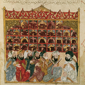 Ms Ar 5847 fol. 5, Abu Zayd in the library at Basra, from The Maqamat