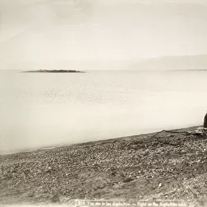 The north end of the Dead Sea with the island of Rujm el Bahr, c. 1867-96 (b / w photo)