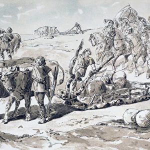 Oxen drawing a primitive sled laden with rocks, 1886 (colour litho)